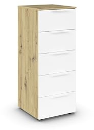 Rauch Möbel Flipp, Kommode, Farbe Weiß/Eiche Artisan, Breite 40 cm | Sideboard, 5 Schubladen, Soft-Close-Funktion, für Schlafzimmer, Gästezimmer, Wohnzimmer, Garderobe, Flur