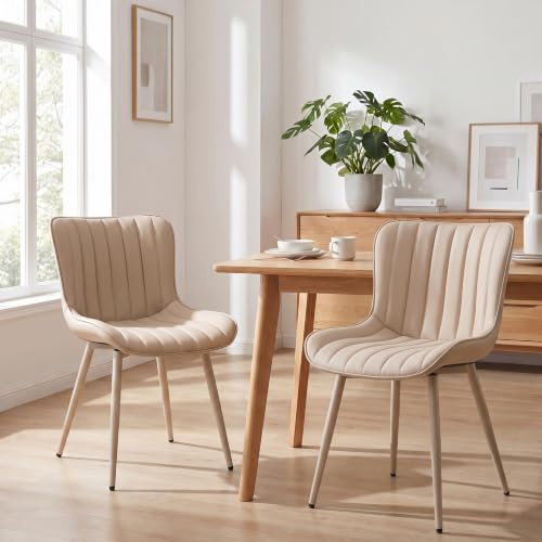 YOUTASTE Esszimmerstühle 2er Set, Küchenstühle mit PU Leder & Rückenlehne | Polsterstuhl mit Streifenmuster & Metallbeinen, Vintage Moderne, für Esszimmer, Küche, Alles Cream, 150kg