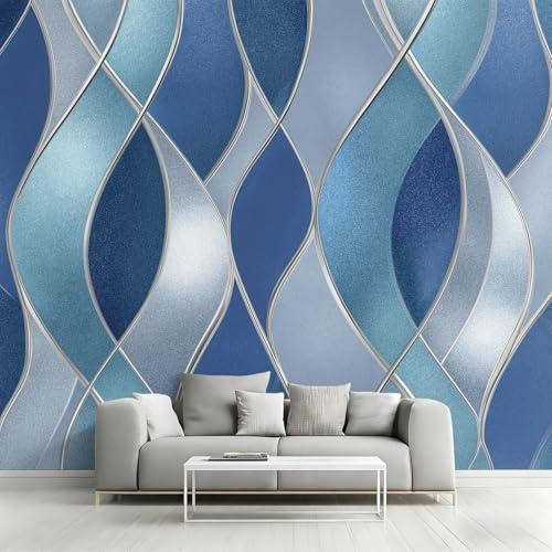 Modern Abstract Waves Wallpaper for Living Room, Blue Silver Line Wall Mural, Non-Woven Photo Wallpaper for Bedroom, Home Decor Wall Paper 400 x 280 cm (W x H) Y&W61