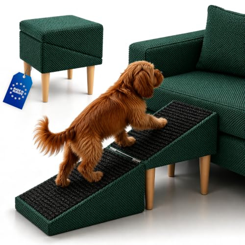 Outentin Hundetreppe Klappbar – rutschfeste Hunderampe & Weiche Haustiertreppe für Kleine & Große Hunde, Treppe für Sofa & Bett, Stabil & Faltbar, Möbeloptik, 36 cm Hoch– Zuhause,Punktmuster,Grün