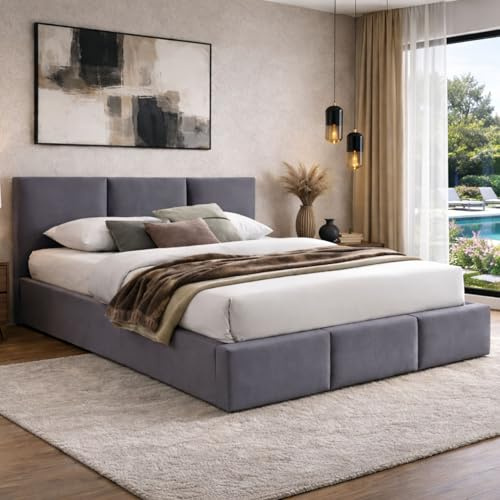 Home Collective Polsterbett Doppelbett 160x200 cm Samt grau mit Lattenrost aus Metall und Stauraum mit hydraulischem Bettkasten