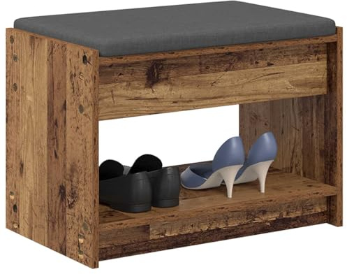 vidaXL Flurbank mit Kissen mit Regal Altholz 63 x 38 x 45 cm, Moderner Flurbank, Coole Sitzgelegenheit, rechteckiges Design, praktische Stauraumlösungen für Zuhause