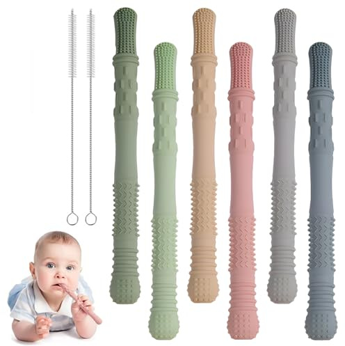 Beißröhrchen Zahnungshilfe Baby BPA-frei, 6 Stück Silikon Kaustange Baby Zahnen, Beißstange mit 2 Reinigungsbürsten, Beißstab Zahnen Hilfe, Beißring Beißspielzeug ab 3 Monate, Spülmaschinenfest
