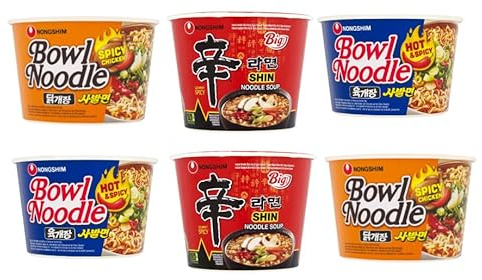 Nongshim Bowl Noodle Soup Variety Pack, Spicy Chicken and Hot & Spicy, Shin Big Cup, Instant Noodles