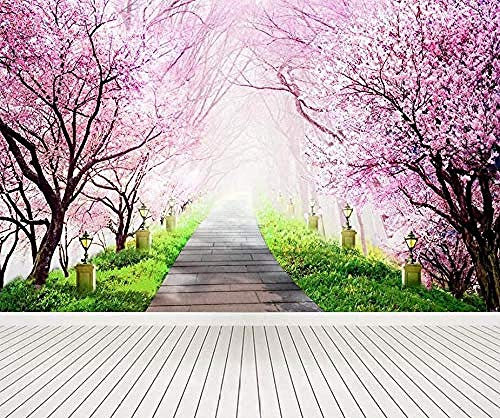 ZZXIAO Romantische rosa Kirschblüten-Waldstein-Straßenwand-Wandbilder für Wohnzimmer- und Schlafzimmer-Wand wandpapier fototapete 3d effekt tapete Wohnzimmer Schlafzimmer Hintergrundbild-250cm×170cm