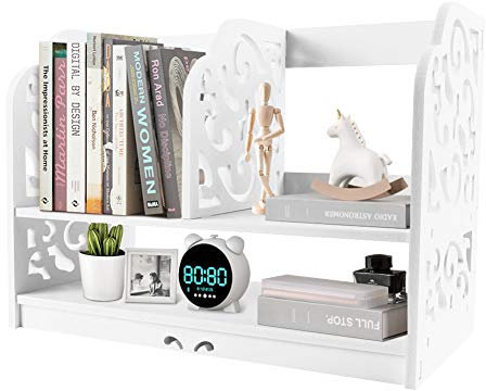 Desktop Bookshelf Mini Desktop Shelf, Tabletop Bookcase Openwork Freestanding Book Shelf 2 Tier Office Book Shelf CD Book Storage Box Unit Display Bookcase Shelf for Home Office, 30 * 21 * 41cm White