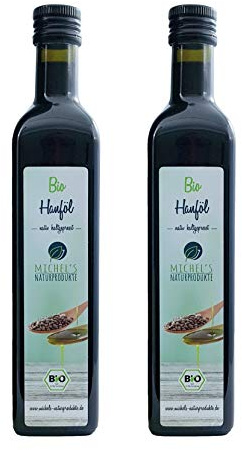 Michel´s Naturprodukte Bio Hanfsamenöl Flasche 1 Liter (2x500ml) Kaltgepresst 1. Pressung, Natives Öl 100% Naturrein, Feinschmeckeröl