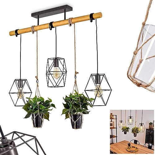 Pendelleuchte Taheramo, Pendellampe aus Metall schwarz und naturfarbenen Kordel, Boho Style Zimmerlampe mit Glastopf für Blumen, 3 x E27, Höhe max. 149 cm,ohne Leuchtmittel