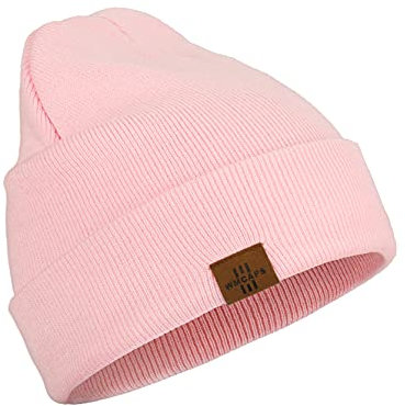 Wmcaps Classics Unisex Mütze, Mütze Damen, Leatherpatch Strickmütze, Long Beanie Cap für Damen und Herren, Das Ganze Jahr, Weicher Stoff, One Size (Rosa)