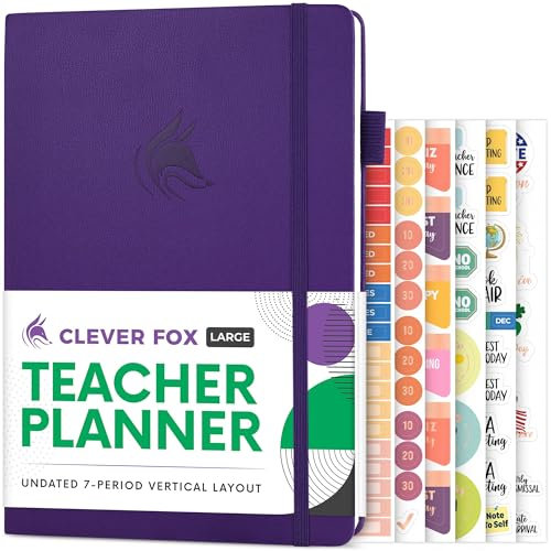 Clever Fox Lehrerplaner, Schuljahresplaner mit Kalendern und Unterrichtsplänen, Lehrerplan-Buch für Klassenzimmer und Heimschule, undatiert, 18 x 25 cm, Hardcover (Lila)