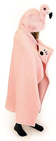 NOXXIEZ Kinder Decke mit Kapuze - kuschelig weiche Fleecedecke im Kuscheltier-Look für Jungs, Mädchen, Sommer, Winter, Camping und als Kuscheldecke (Flamingo)