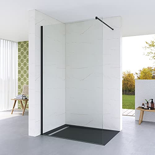 AQUABATOS 110 x 200 cm Walk in Dusche Duschwand Glas Duschabtrennung Duschtrennwand Glastrennwand für Duschwanne | Klarglas 8 mm mit NANO Beschichtung | schwarz Wandprofil | 90° Stabilisationsbügel