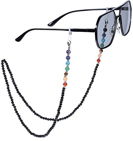 KYEYGWO Black Beaded Glasses Chain for Women Men, Obsidian Crystal Eyeglass Holder Necklace Face Mask Lanyards Spectacle Chains for Glasses Around Neck