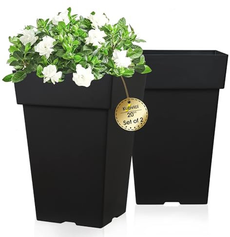 kubvici Set di 2 fioriere alte 50,8 cm, per piante da interni ed esterni, grandi vasi in plastica, per esterni, portico, porta, balcone, terrazza, con drenaggio, con ruota rimovibile, nero, 50,8 cm