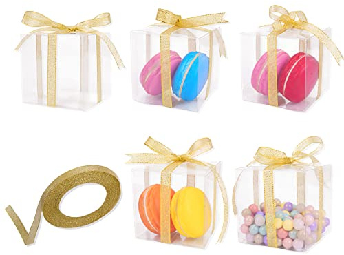 TOPTIME 24 Pcs Clear PVC Favour Box with Gold Gift Ribbon - 7x7x7cm Transparent Mini Candy Cube for Wedding Party Bridal Shower