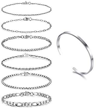 IUDWCG 7 Pcs Ketten Armbänder für Damen 14 Karat Silber Armkette Damen Twist Kettenarmbänder Verstellbar Modeschmuck Armbander Set Silber Armbänder