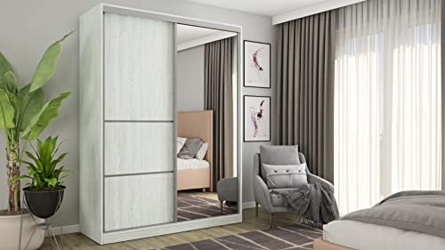 eMeblast - zweitüriger Kleiderschrank - 170x230x64cm - Schiebetüren - Schlafzimmer - Wohnzimmer - Garderobenschrank - Kleiderstangen - Geräumige Schubladen - Einlegeböden Kiefer Anderson mit Spiegel