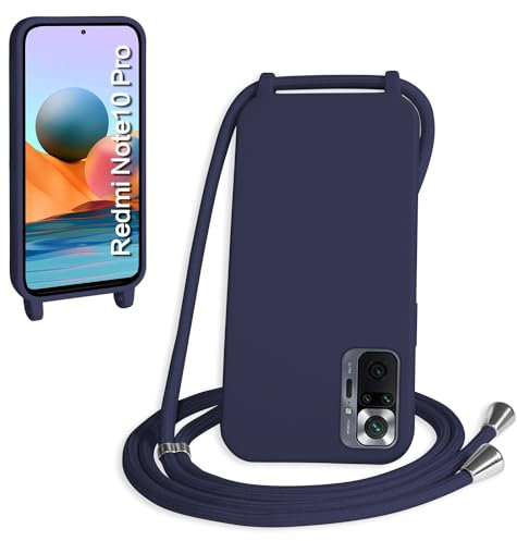 WenBaby Funda con Cuerda para Xiaomi Redmi Note 10 Pro, Líquida Silicona Carcasa con Cordón Ajustable Collar Correa de Cuello, Cubierta Prueba Golpes con Microfibra Forro (Azul Oscuro)