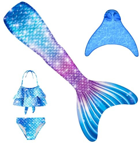 FOLOEO Meerjungfrauenflosse Mädchen Meerjungfrau Flosse Badeanzug Kinder zum Schwimmen mit Monoflosse und Bikini Set für Kinder, 4 Stück Set