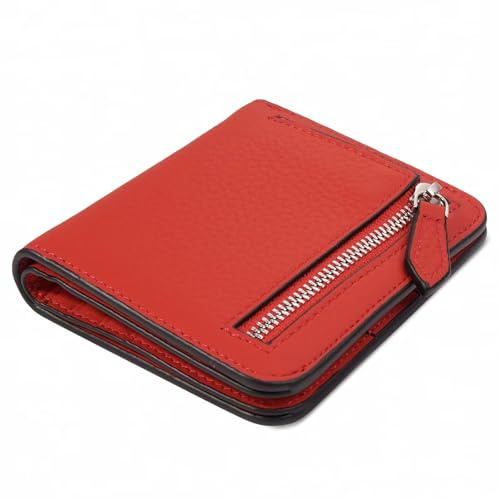 GADIEMKENSD Small Wallet Women Purses RFID Blocking Leather Bi-fold Card Holder with Zip Coin Pocket Stitch Purse for Lanyard Oyster Cards Bus Cards Protector Pouch with Card Cash Slots Red