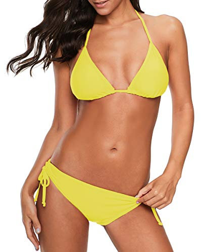 Durio Bikini Damen Push up Sexy 2tlg Bikini Damen Set mit Triangel Bikinihose Breit von Körpchen Verstellbar Gelb 38-40