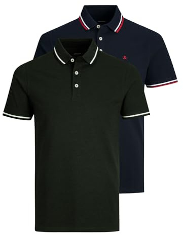 Jack&Jones Herren Poloshirts, 2er Pack - JJEPAULOS Polo 2PK, Kurzarm, einfarbig, Baumwolle Schwarz/Dunkelblau L