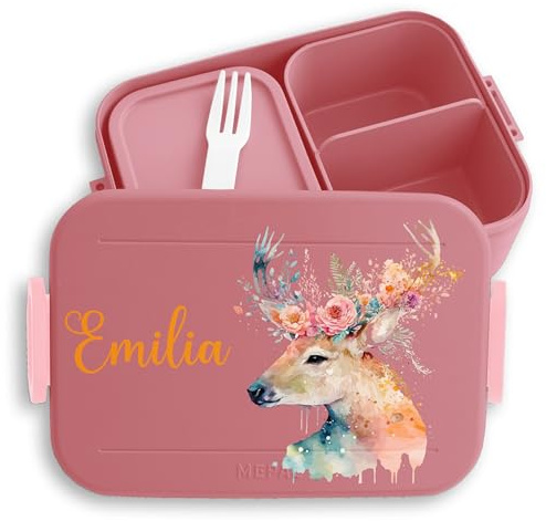 Shirtracer Mepal Lunchbox Kinder personalisiert Aquarell Hirsch floral | Rosa, 900 ml, mit Fächern, spülmaschinenfest, Schule, Kindergarten, Einschulung, Wald