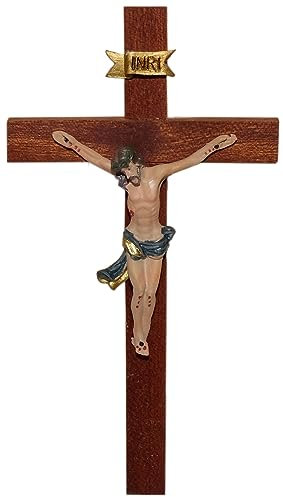 Kaltner Präsente Geschenkidee – Holzkreuz Wandkreuz Kruzifix aus Echtholz Buche Kreuz Mahagoni mit Jesus Christus Figur aus Kunststein handbemalt (Höhe 15 cm)