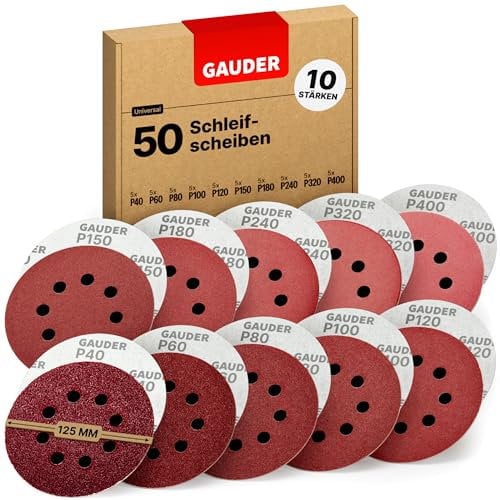 GAUDER Set di Dischi Abrasivi a Strappo per Levigatrice Orbitale Ø 125mm - Carta Vetrata - Dischi a 8 Fori Tondi (50 Pezzi - Ciascuno 1x 40/60/80/100/120/150/180/240/320/400 Grana)
