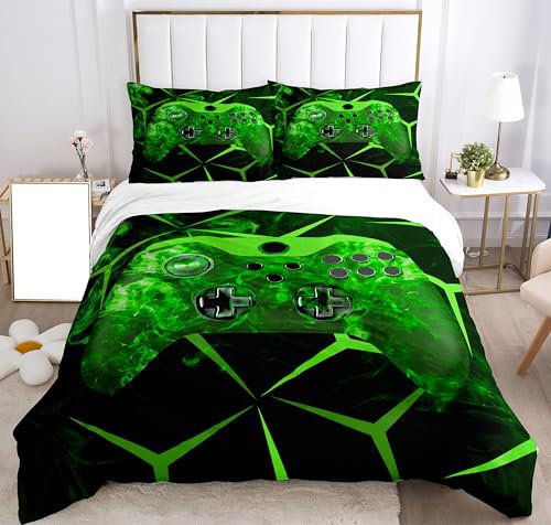 SHUAIG Bettwäsche-Sets Kinder Gamepad,Bettwäsche Set Jungen Gamepad Bettwäsche Satz Bettwäsche Set 3D Effekt Gamepad Druck Microfaser Bettbezug und Kissenbezug 65x65cm.(Grünes Raster,135x200cm)