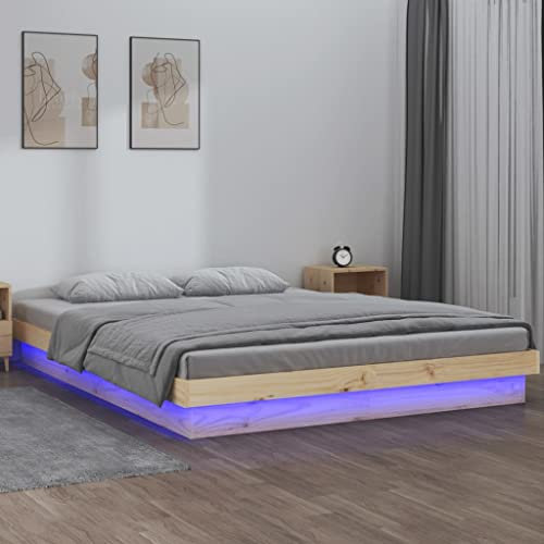SECOLI Massivholzbett 120 x 200 cm mit LED und Lattenrost, Natur Polsterbett, Jugendbett, Doppelbett, Schlafzimmerbett