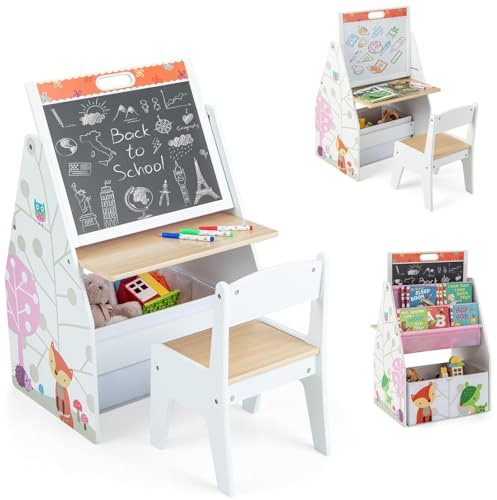 COSTWAY 3 in 1 Kindertisch & Kunststaffelei & Kreidetafel, Kindersitzgruppe mit magnetischer Tafel & Whiteboard & Stoffkorb & Bücherregal, Kinderregal mit Aufbewahrung für Jungen und Mädchen (Weiß)