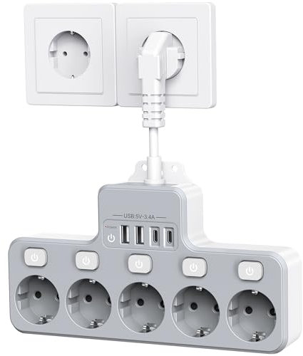 Regleta Enchufes con 5 Interruptores Independientes, Ladron Enchufes con 5 Tomas de CA 4000W,Enchufes Múltiples para Pared de 2 USB-A y 2 Tipo-C 0.1m Cable,Gris