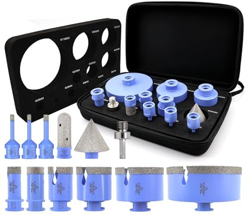 VENJELD Diamant Fliesenbohrer Set 12tlg. - 6/6/8/20/25/35/50/68/110mm M14-Gewinde Diamantbohrer Lochsäge, 20mm Fingerfräser, 50mm Fasenbohrer, Sechskantschaft-Adapter für Porzellan Fliesen Keramik