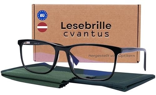 Cvantus Premium Lesebrille | Verschreibungsbrillen-Qualität - Hergestellt von Optikern | Blaulicht- und UV-Blocker, Antireflex, Antistatisch | Schwarz Quadratische Lesebrille Herren & Damen +3.00