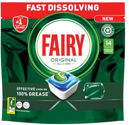 Fairy Original All in One Automatic Dishwasher 14 Pouches 189g Pack of 1 Food Grease Water Stains Remover Cleaner Detergent Shiny Glasses Washing Liquid with Welari Thank You Card | (1pack) (189g)