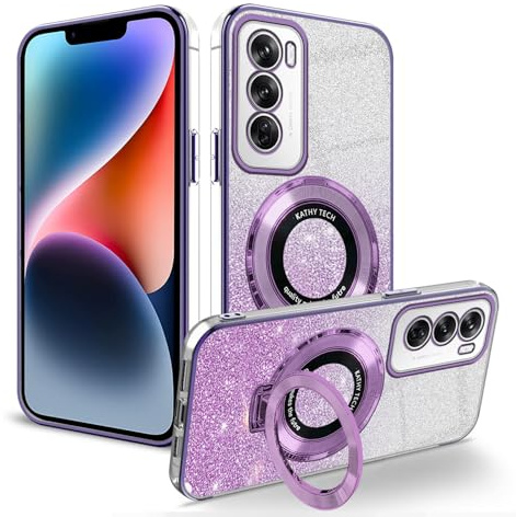 Anlalish Glitter Cover Compatibile con Oppo Reno 12 Pro con Anello Supporto, Morbido Silicone TPU Magnetico Protezione Trasparente Custodia per Oppo Reno 12 Pro 5G (Viola)