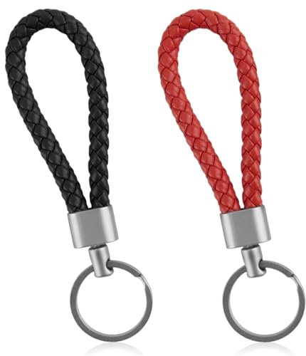 SUPGOD 2 Stücke Geflochtenes Leder Schlüsselanhänger Auto Autoschlüsselanhänger Multifunktionaler Schlüsselanhänger Motorrad Auto Schlüsselanhänger für Motorrad, Auto, Haus, Damen, Herre(Schwarz Rot)
