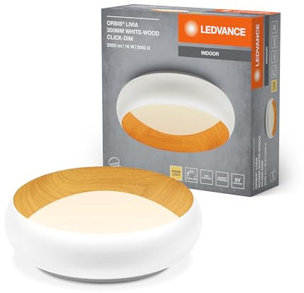 LEDVANCE ORBIS Livia LED-Deckenleuchte mit Metallring, weiß/Holzdekor, 16W, 750lm, 3000K, 300mm, 830 freundliches Warmweiß, durch Klicken in 3-Stufen dimmbar, IP20, Schrauben/Dübel inklusive