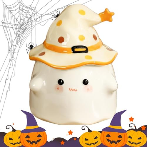 Jubepk Taza de café de Halloween | Patrón de taza fantasma | Taza de cerámica de Halloween | Taza fantasma novedosa con tapa, lo que la convierte en una adición encantadora tanto para el hogar como