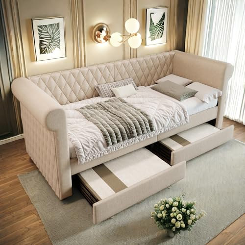 Schlafsofa, 90 x 200 cm, ausklappbar, aus Leinen – Bett mit 2 Stauraumschubladen, Lattenrost aus Holz, gepolstert, Beige (ohne Matratze)