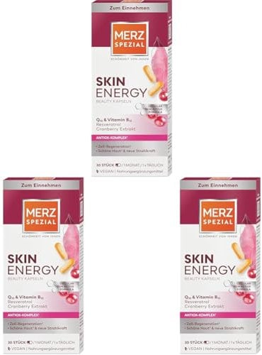 Merz Spezial Skin Energy Beauty Kapseln – 1 x 30 Stück – veganes Nahrungsergänzungsmittel mit Q10, Vitamin B12 und Antioxidantien – Beauty Routine für Deine Haut – Schönheit von innen (Packung mit 3)