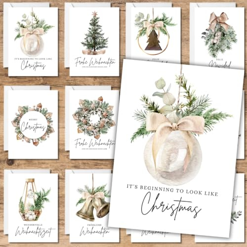 celebr8te 12x Weihnachtskarten Grußkarten Postkarten Geschenkkarten +12 Sticker +12 Umschläge - A2