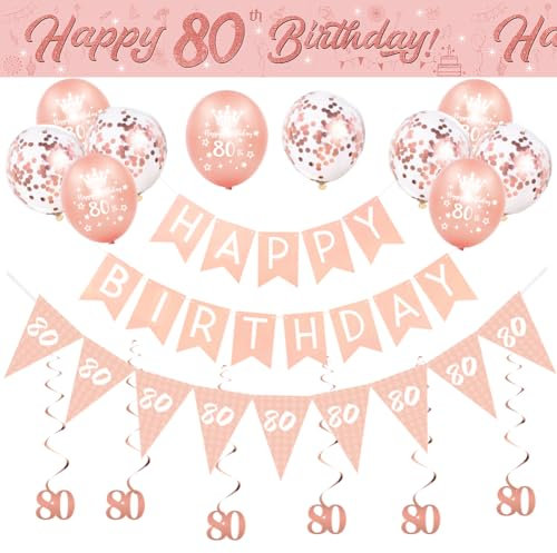 80th BIrthday Decorations for Women-Rose Gold 80th Birthday Banners for Her,80th Party Decor Happy 80th Birthday Banner Bunting Foil Hanging Swirls Triangle Flags Confetti Latex Balloons