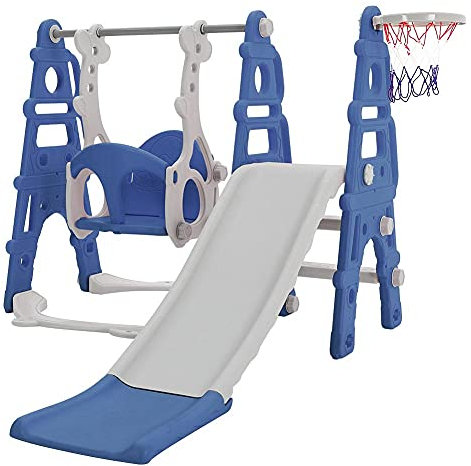 Warmiehomy Kids Slide Swing Set, Indoor Outdoor Toddler Slide Playset with Basketball Hoop, Climber Frame, Swing, 4in1 Playground for Boys Age 1 2 3, Birthday for Kids Age 1-3, Blue