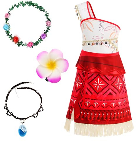 GUBOOM Vaiana Kostüm Kinder, Vaiana Kostüm Mädchen mit Halskette, einer Blumenkrone, einer Haarspange, Prinzessin Moana Kleid für Karneval Cosplay Geburtstag (120cm)