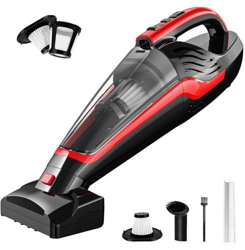 Powools Handstaubsauger für Tierhaare, Tragbarer kabelloser Auto-Staubsauger mit wiederverwendbarem Filter und motorisierter Bürste, Kabelloser Handstaubsauger wiederaufladbar, Rot, 17.4X4.6X6.6