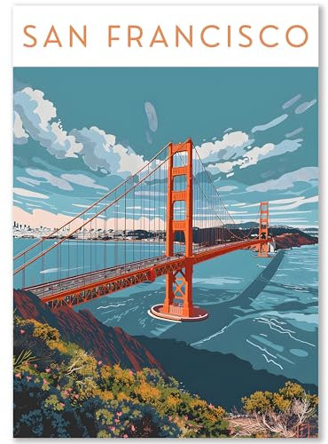 Happymotive Städteposter | San Francisco Retro Poster Vintage | Schlafzimmer Deko Bild im Hochformat | Bilder Wohnzimmer | Kunstdrucke in A2 40x60, A3 30x40, A4 20x30 300g Papier ohne Rahmen