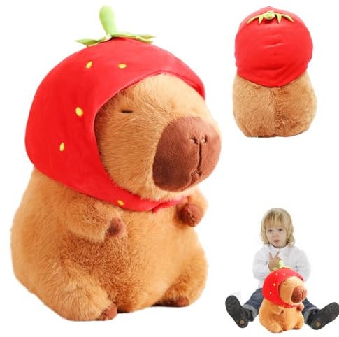 BSNRDX Capibara Peluche, 23cm Peluche de Capibara con Gorro de Fresa, Suave y Esponjoso, Juguete o Cojín para Niños y Adultos, Peluche de Capybara para Niñas y Niños