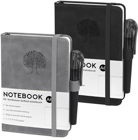 ZWQLZG Notizbuch A6, 2 Stück Notizbücher A6, 80 GSM Papier, 14,5x9,9cm, 192 Seiten Notizblock Blanko mit Gummizug, Taschen Notizbücher aus PU Leder für Schule, Arbeit und Meetings (Schwarz & Grau)